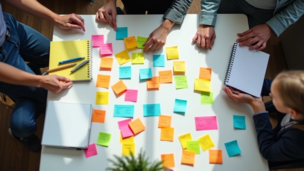 Brainstormsessie met teamleden rond een tafel met kleurrijke notities en ideëen