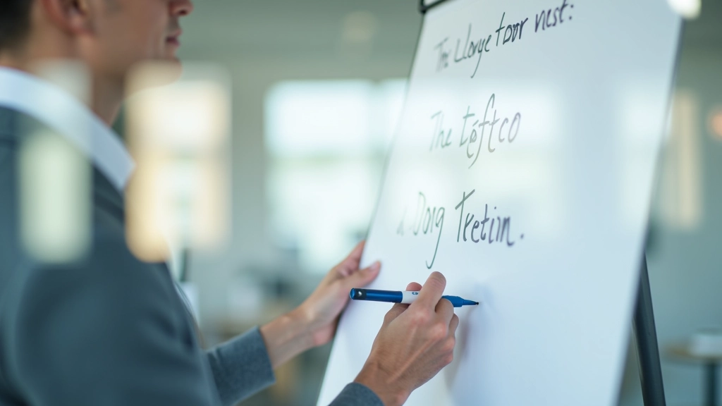 Professioneel schrijvend aan flip-chart met pijlen en diagrammen over communicatiestrategie